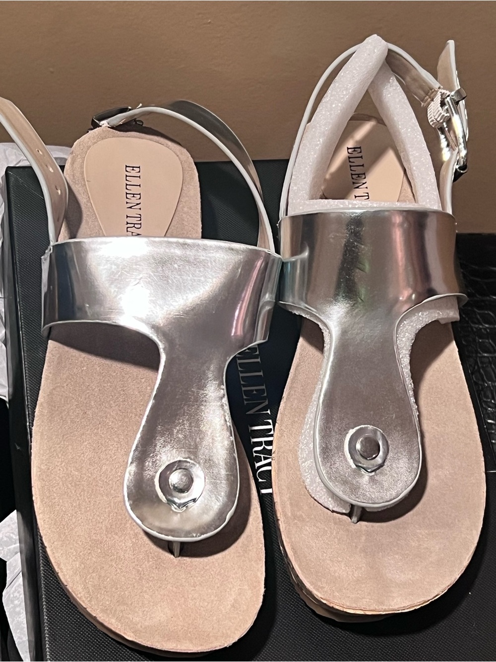 Ellen Tracy ET-INGA Silver Metallic Cork Platform Sandals Women’s 9M New